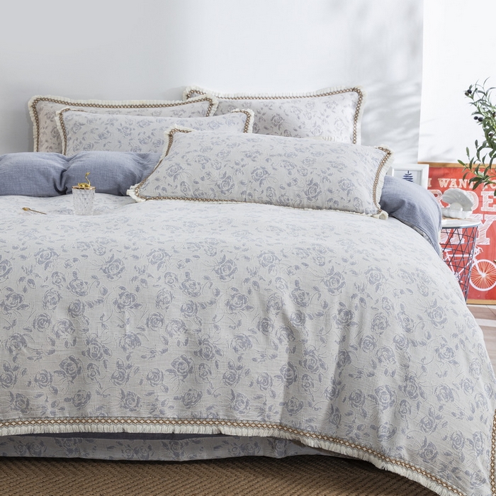 91家纺网 家纺一手货源 找家纺 鲁爱 2025新款全棉三层纱流苏款四件套 唯爱-蓝