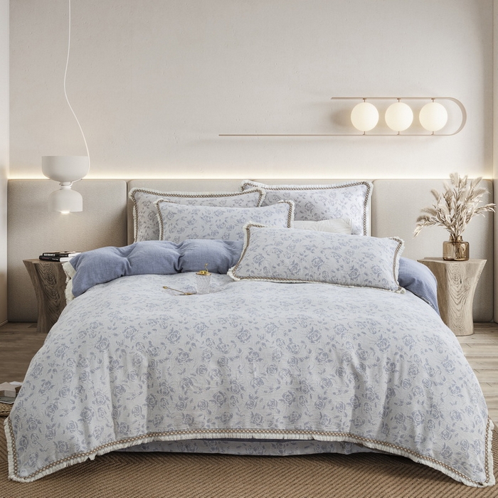 91家纺网 家纺一手货源 找家纺 鲁爱 2025新款全棉三层纱流苏款四件套 唯爱-蓝