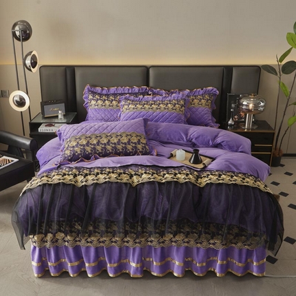 91家纺网 家纺一手货源 找家纺 （总）恋尚 2024新款水晶绒保暖夹棉蕾丝花边床裙四件套--鎏金岁月