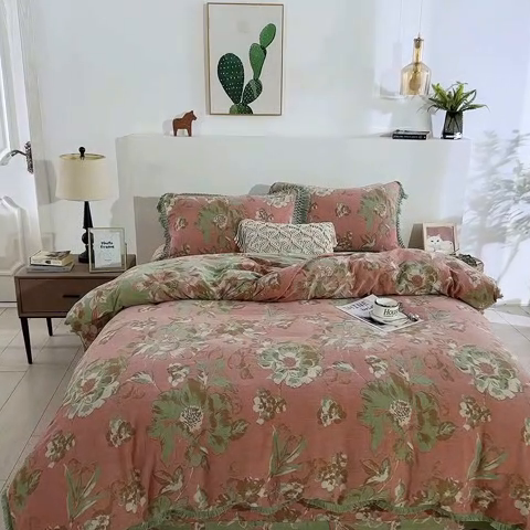 91家纺网 家纺一手货源 找家纺 鲁爱 2025新款全棉双层纱流苏花边四件套 寻芳-粉