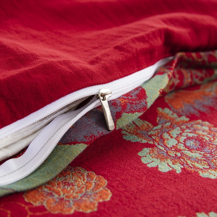 91家纺网 家纺一手货源 找家纺 鲁爱 2025新款大版色织提花全棉双层纱四件套 游园清梦-红