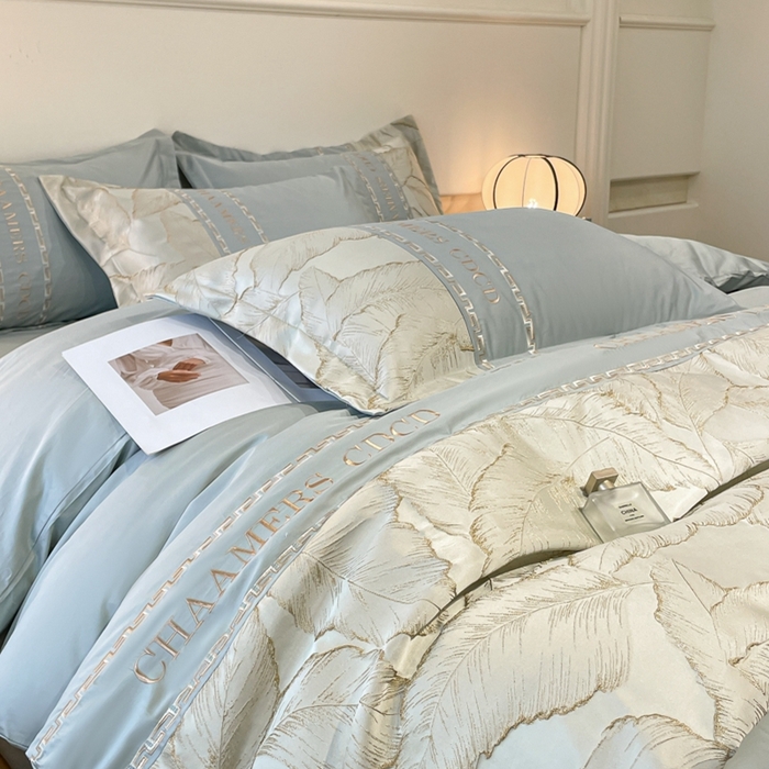 91家纺网 家纺一手货源 找家纺 2024新款拼接浮雕刺绣全棉纯棉加厚陶瓷生态磨毛四件套-茱莉叶 蓝绿