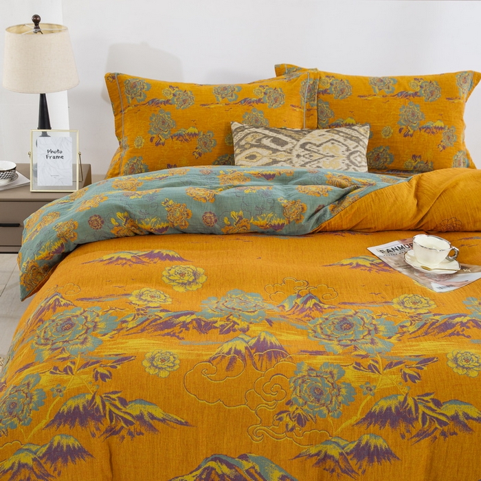 91家纺网 家纺一手货源 找家纺 鲁爱 2025新款大版色织提花全棉双层纱四件套 游园清梦-黄