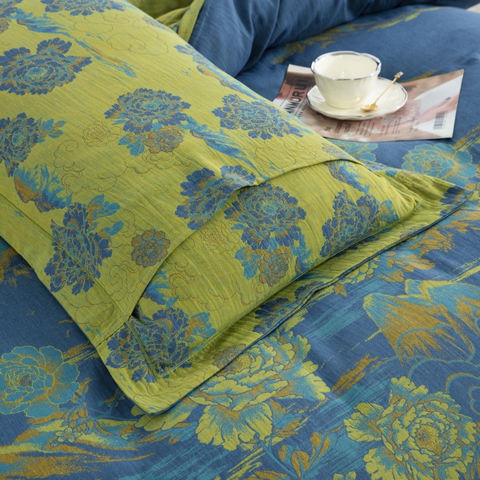 91家纺网 家纺一手货源 找家纺 鲁爱 2025新款大版色织提花全棉双层纱四件套 游园清梦-兰