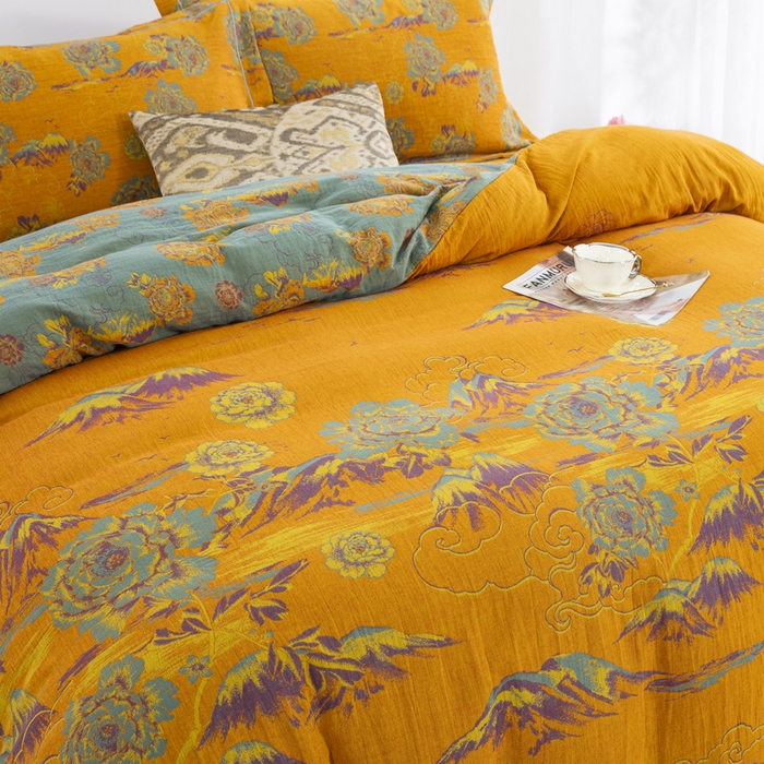 91家纺网 家纺一手货源 找家纺 鲁爱 2025新款大版色织提花全棉双层纱四件套 游园清梦-黄