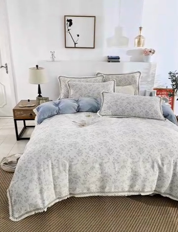 91家纺网 家纺一手货源 找家纺 鲁爱 2025新款全棉三层纱流苏款四件套 唯爱-蓝