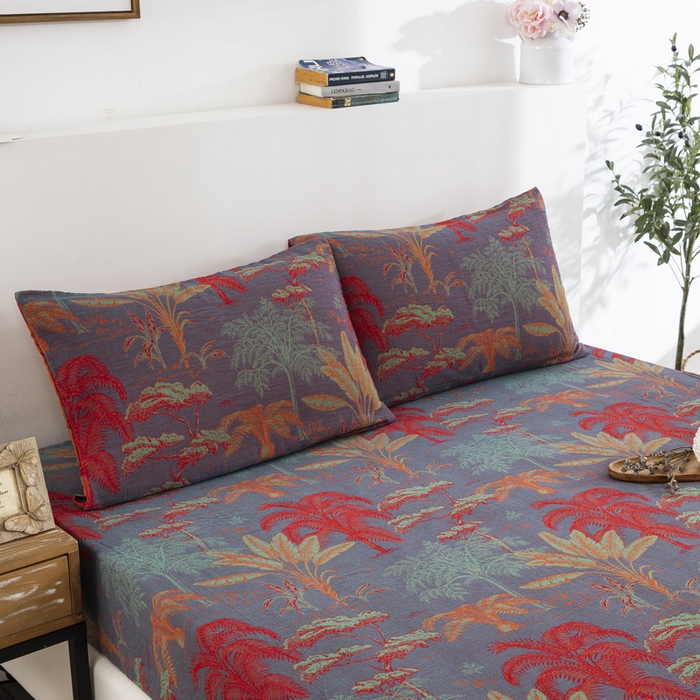 91家纺网 家纺一手货源 找家纺 鲁爱 2025新款色织提花全棉双层纱床笠（正反两用） 奇幻丛林-紫罗兰（双面用床笠）