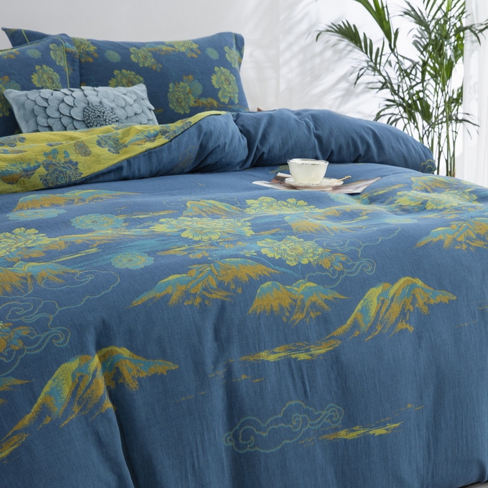 91家纺网 家纺一手货源 找家纺 鲁爱 2025新款大版色织提花全棉双层纱四件套 游园清梦-兰