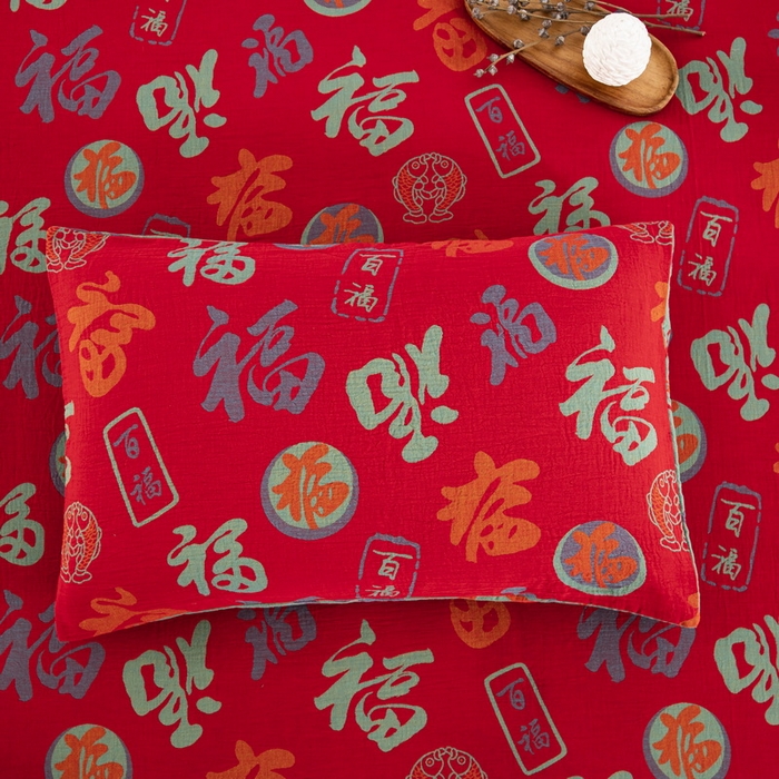 91家纺网 家纺一手货源 找家纺 鲁爱 2025新款色织提花全棉双层纱床笠（正反两用） 百福-正红（双面用床笠）