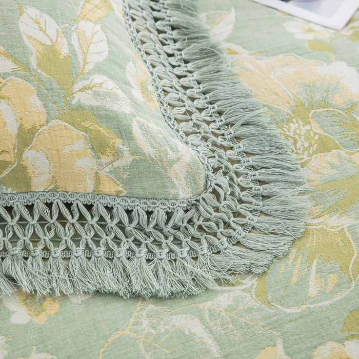 91家纺网 家纺一手货源 找家纺 鲁爱 2025新款全棉双层纱流苏花边四件套 寻芳-绿