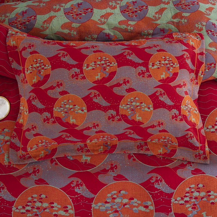 91家纺网 家纺一手货源 找家纺 鲁爱 2025新款大版色织提花全棉双层纱四件套 海上明月-红