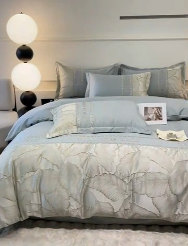 91家纺网 家纺一手货源 找家纺 2024新款拼接浮雕刺绣全棉纯棉加厚陶瓷生态磨毛四件套-茱莉叶 蓝绿