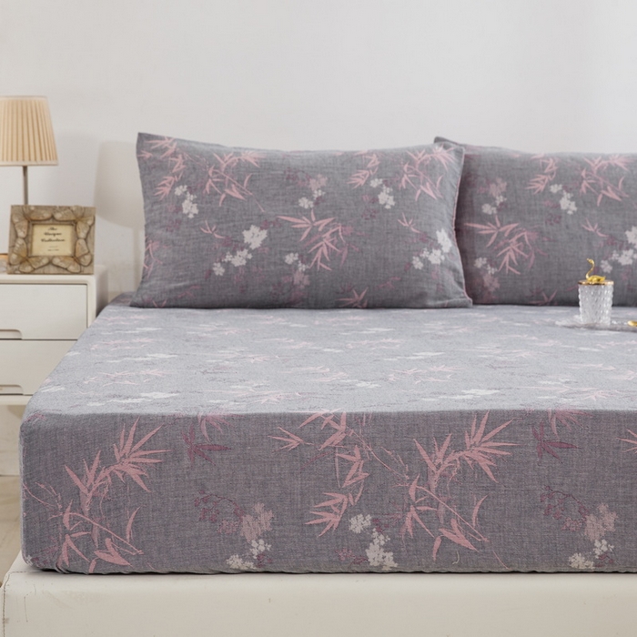 91家纺网 家纺一手货源 找家纺 鲁爱 2025新款色织提花全棉双层纱床笠（正反两用） 竹韵-粉灰（双面用床笠）