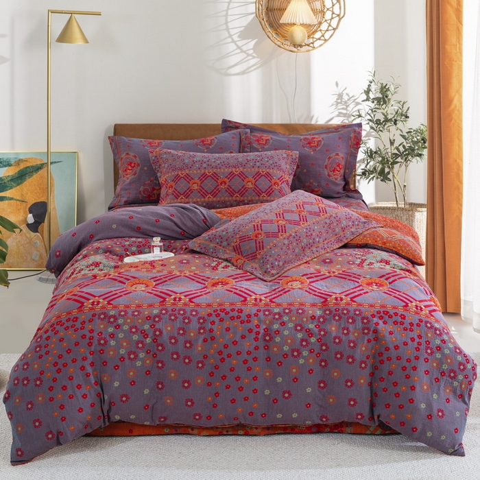 91家纺网 家纺一手货源 找家纺 鲁爱 2025新款大版色织提花全棉双层纱四件套 美妙大冒险-紫罗兰