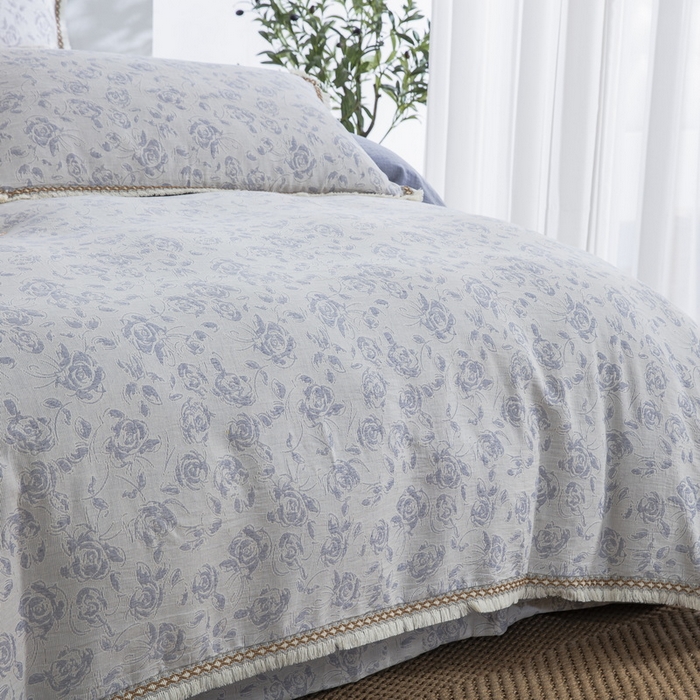 91家纺网 家纺一手货源 找家纺 鲁爱 2025新款全棉三层纱流苏款四件套 唯爱-蓝