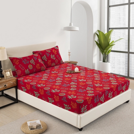 鲁爱 2025新款色织提花全棉双层纱床笠（正反两用） 百福-正红（双面用床笠）