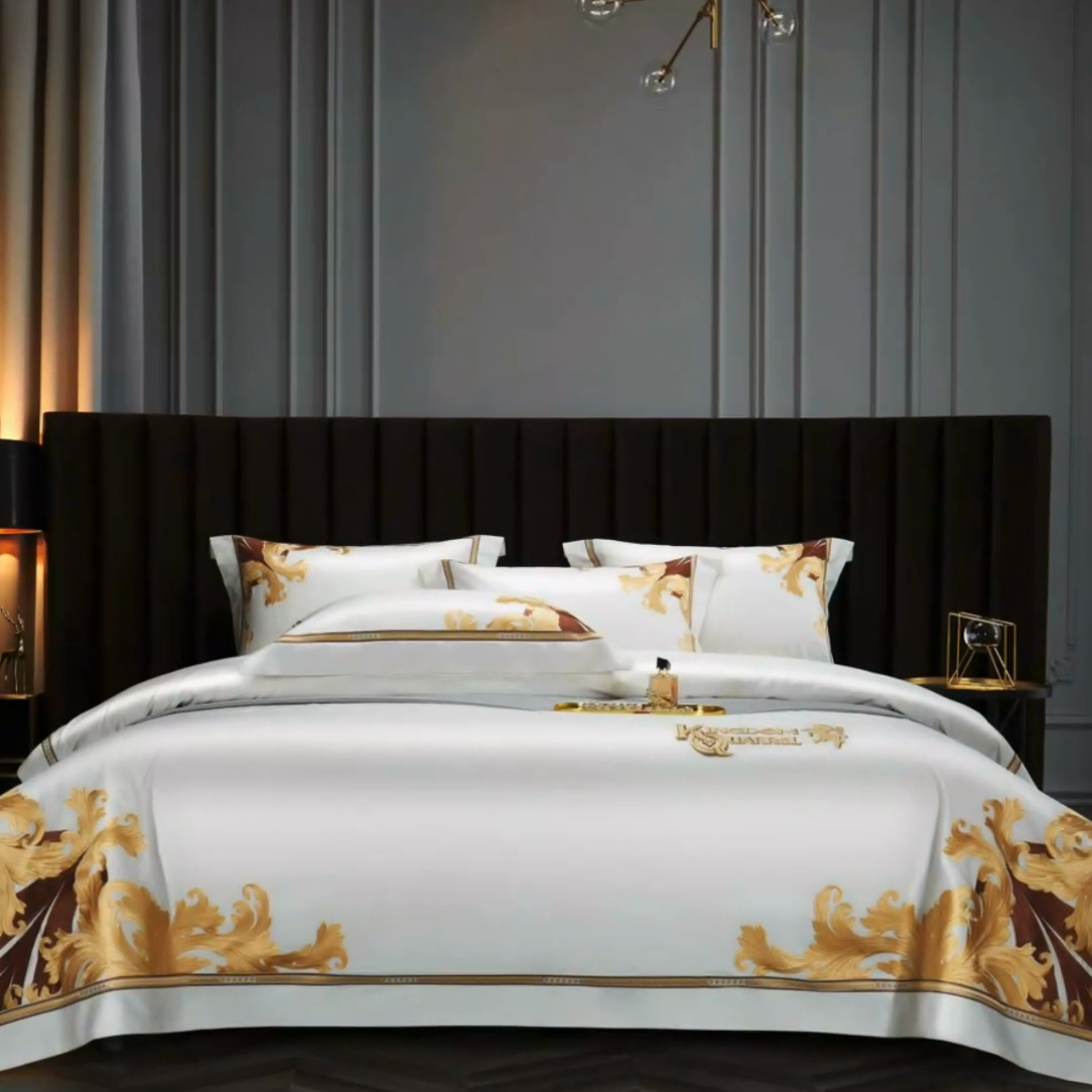 91家纺网 家纺一手货源 找家纺 缔缦 2024新款定织新布种S140系列刺绣拼角工艺四件套-威廉皇室 威廉皇室 贵族白