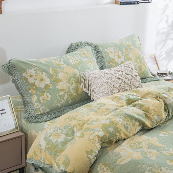 91家纺网 家纺一手货源 找家纺 （总）鲁爱 2025新款全棉双层纱流苏花边四件套