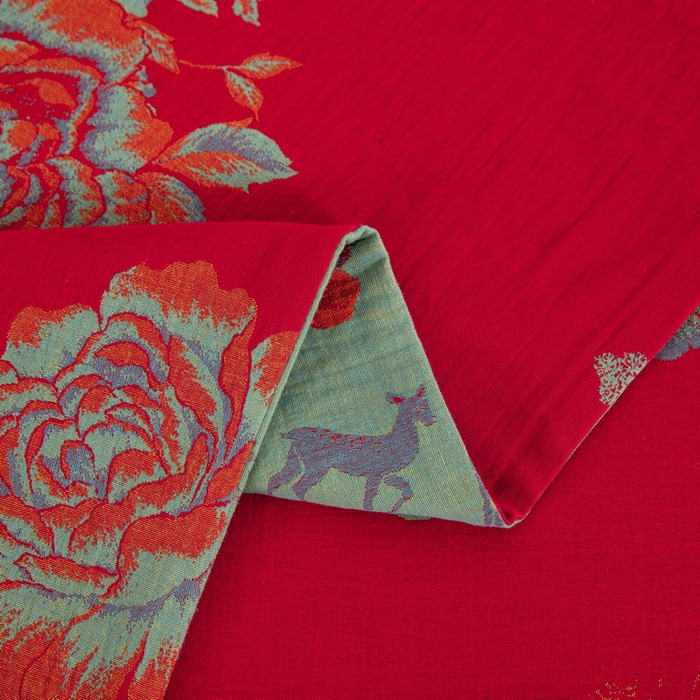 91家纺网 家纺一手货源 找家纺 鲁爱 2025新款大版色织提花全棉双层纱四件套 福禄-红