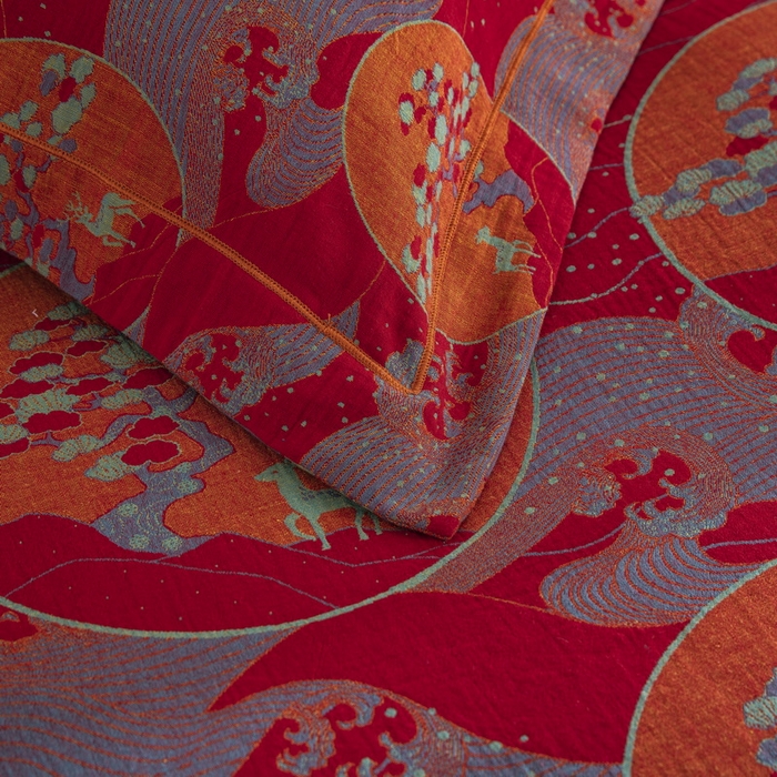 91家纺网 家纺一手货源 找家纺 鲁爱 2025新款大版色织提花全棉双层纱四件套 海上明月-红