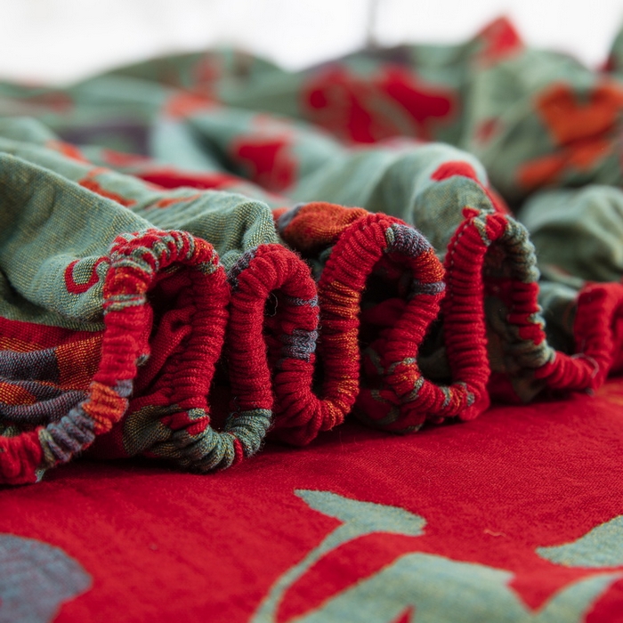 91家纺网 家纺一手货源 找家纺 鲁爱 2025新款色织提花全棉双层纱床笠（正反两用） 百福-正红（双面用床笠）