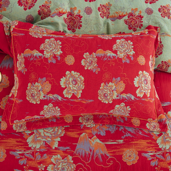 91家纺网 家纺一手货源 找家纺 鲁爱 2025新款大版色织提花全棉双层纱四件套 游园清梦-红