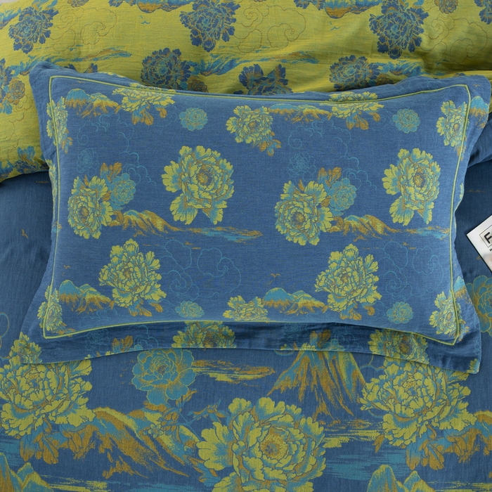 91家纺网 家纺一手货源 找家纺 鲁爱 2025新款大版色织提花全棉双层纱四件套 游园清梦-兰