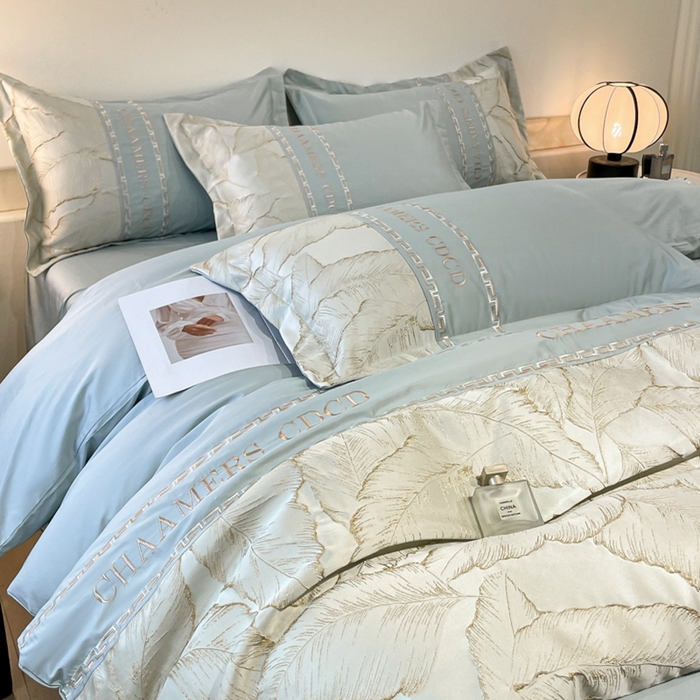 91家纺网 家纺一手货源 找家纺 2024新款拼接浮雕刺绣全棉纯棉加厚陶瓷生态磨毛四件套-茱莉叶 蓝绿