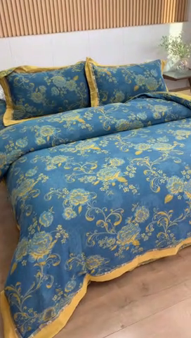 91家纺网 家纺一手货源 找家纺 鲁爱 2025新款全棉色织双层纱新款镂空四件套 陌上花开-深蓝