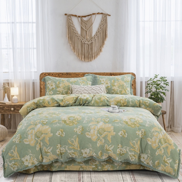 91家纺网 家纺一手货源 找家纺 （总）鲁爱 2025新款全棉双层纱流苏花边四件套