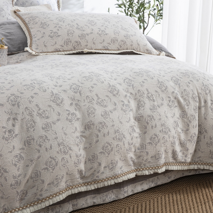 91家纺网 家纺一手货源 找家纺 鲁爱 2025新款全棉三层纱流苏款四件套 唯爱-灰