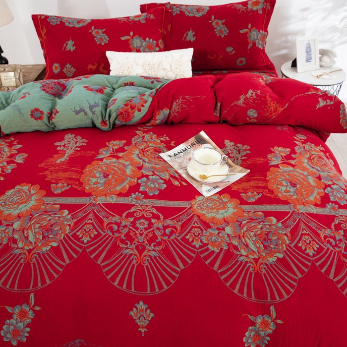 91家纺网 家纺一手货源 找家纺 鲁爱 2025新款大版色织提花全棉双层纱四件套 福禄-红