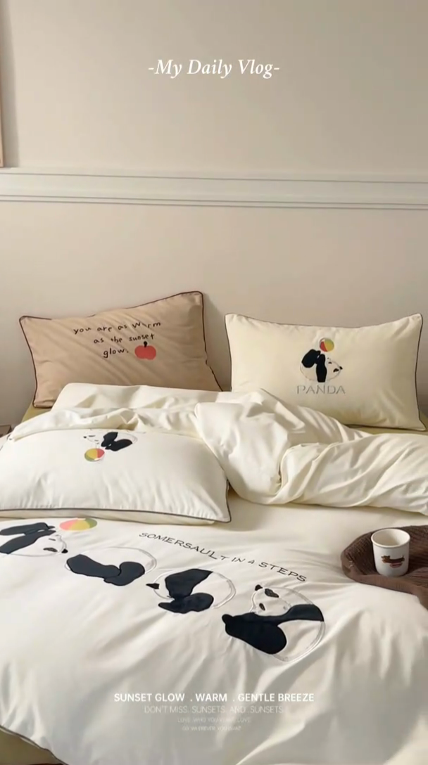 91家纺网 家纺一手货源 找家纺 圆岛家纺 2024秋冬全棉磨毛刺绣贴布绣卡通四件套 熊猫滚滚