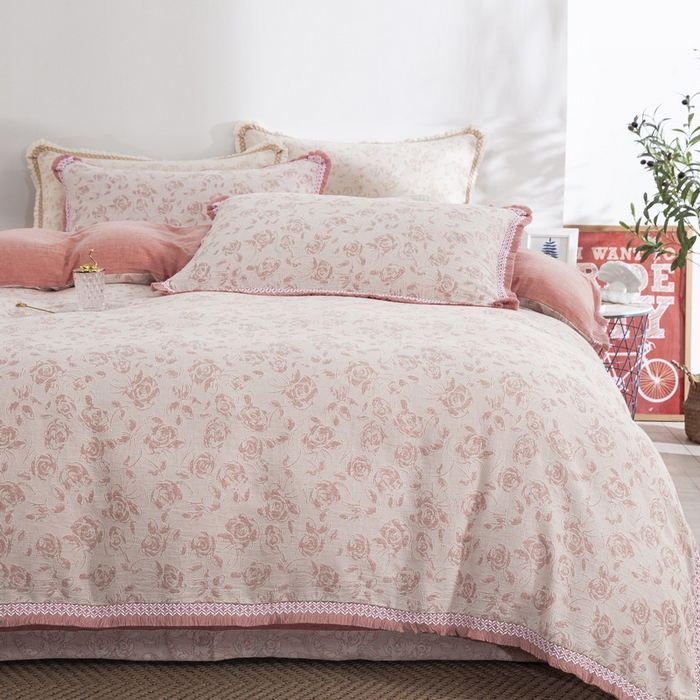 91家纺网 家纺一手货源 找家纺 鲁爱 2025新款全棉三层纱流苏款四件套 唯爱-粉