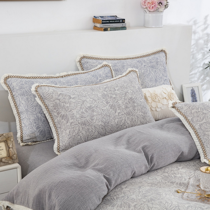 91家纺网 家纺一手货源 找家纺 鲁爱 2025新款全棉三层纱流苏款四件套 知心-灰