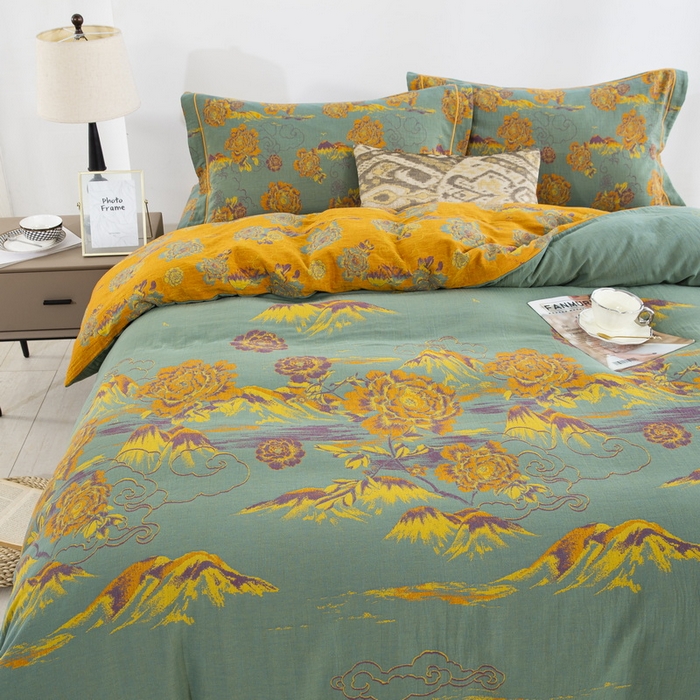 91家纺网 家纺一手货源 找家纺 鲁爱 2025新款大版色织提花全棉双层纱四件套 游园清梦-绿