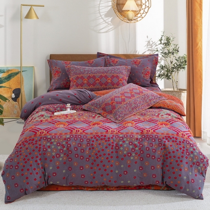 91家纺网 家纺一手货源 找家纺 鲁爱 2025新款大版色织提花全棉双层纱四件套 美妙大冒险-紫罗兰