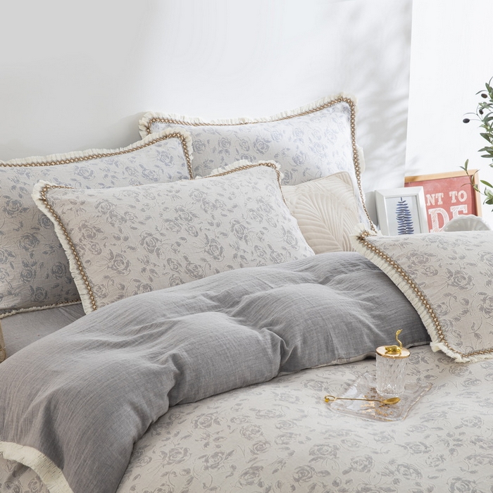 91家纺网 家纺一手货源 找家纺 鲁爱 2025新款全棉三层纱流苏款四件套 唯爱-灰