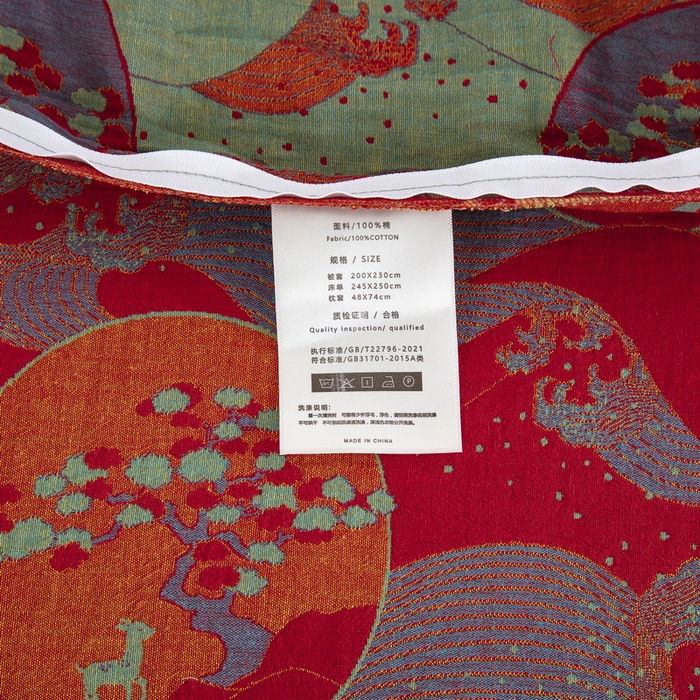 91家纺网 家纺一手货源 找家纺 鲁爱 2025新款大版色织提花全棉双层纱四件套 海上明月-红