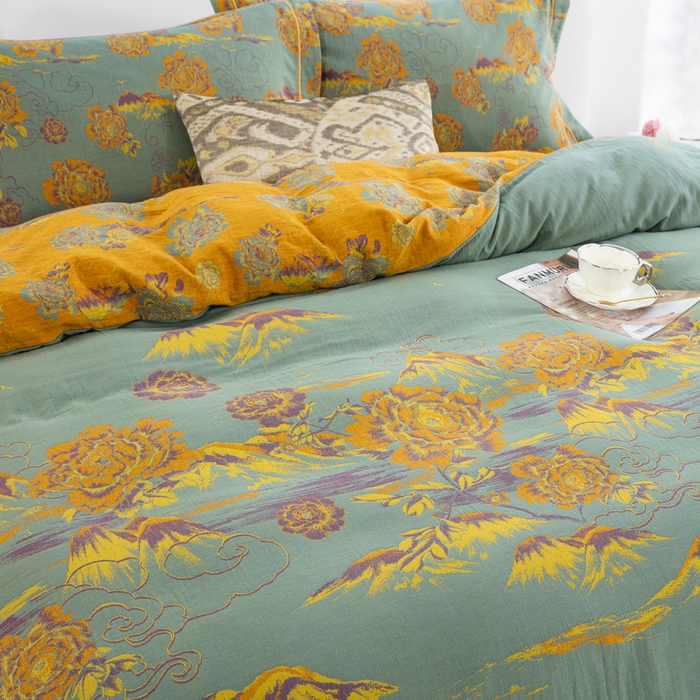 91家纺网 家纺一手货源 找家纺 鲁爱 2025新款大版色织提花全棉双层纱四件套 游园清梦-绿