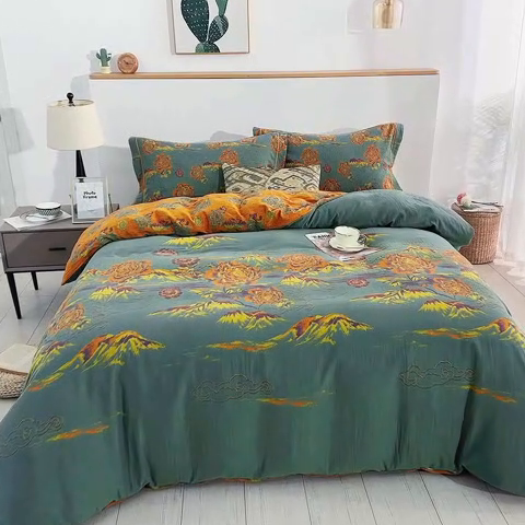 91家纺网 家纺一手货源 找家纺 鲁爱 2025新款大版色织提花全棉双层纱四件套 游园清梦-绿