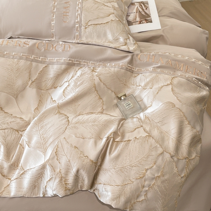 91家纺网 家纺一手货源 找家纺 2024新款拼接浮雕刺绣全棉纯棉加厚陶瓷生态磨毛四件套-茱莉叶 香槟金