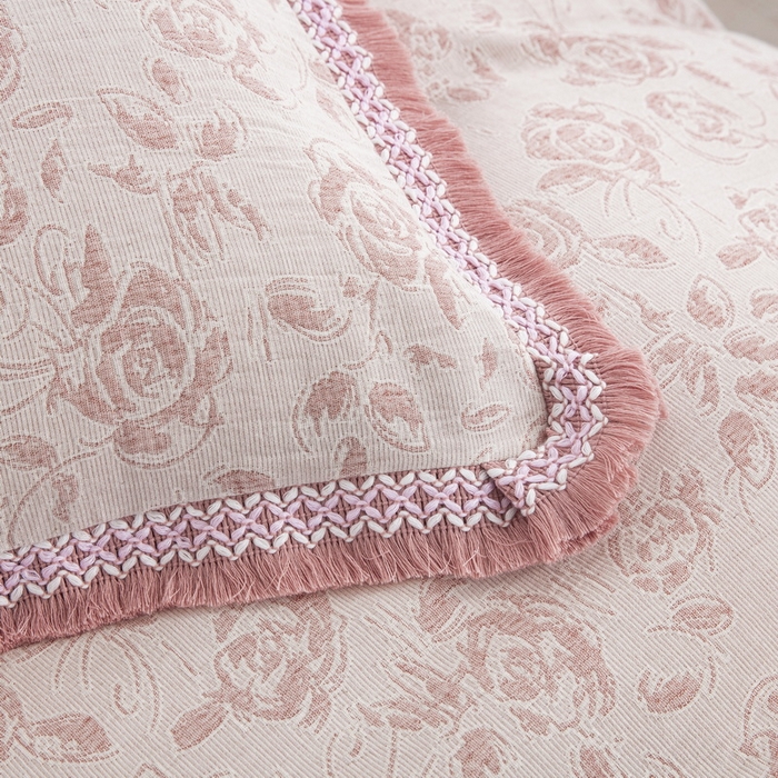 91家纺网 家纺一手货源 找家纺 鲁爱 2025新款全棉三层纱流苏款四件套 唯爱-粉