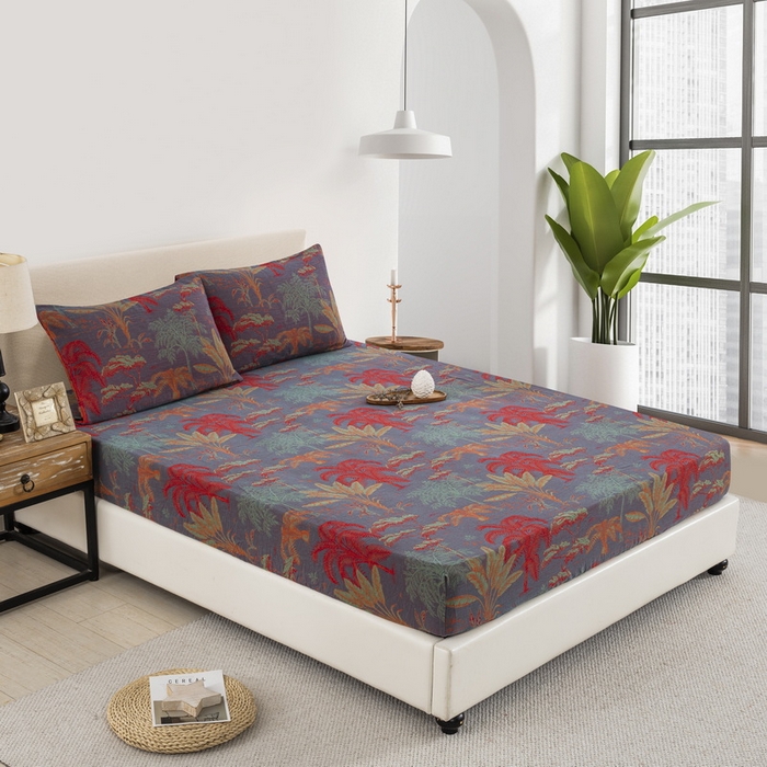 91家纺网 家纺一手货源 找家纺 鲁爱 2025新款色织提花全棉双层纱床笠（正反两用） 奇幻丛林-紫罗兰（双面用床笠）