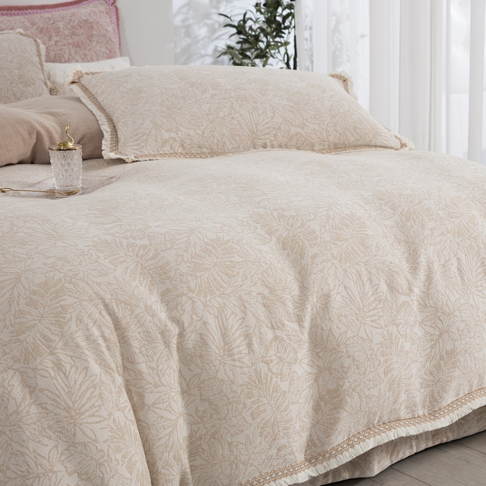 91家纺网 家纺一手货源 找家纺 鲁爱 2025新款全棉三层纱流苏款四件套 知心-浅咖