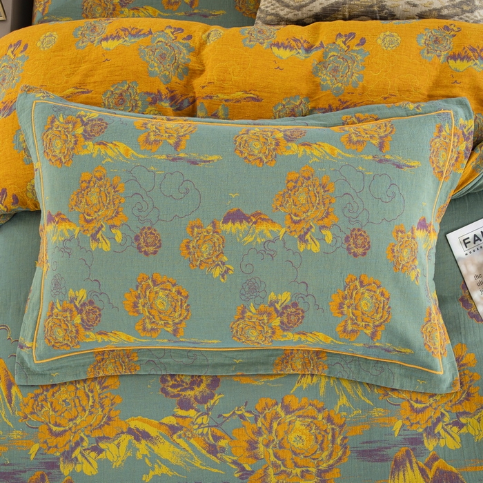 91家纺网 家纺一手货源 找家纺 鲁爱 2025新款大版色织提花全棉双层纱四件套 游园清梦-绿