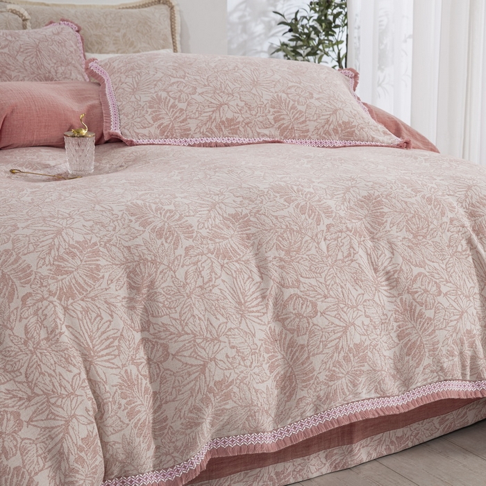 91家纺网 家纺一手货源 找家纺 鲁爱 2025新款全棉三层纱流苏款四件套 知心-粉