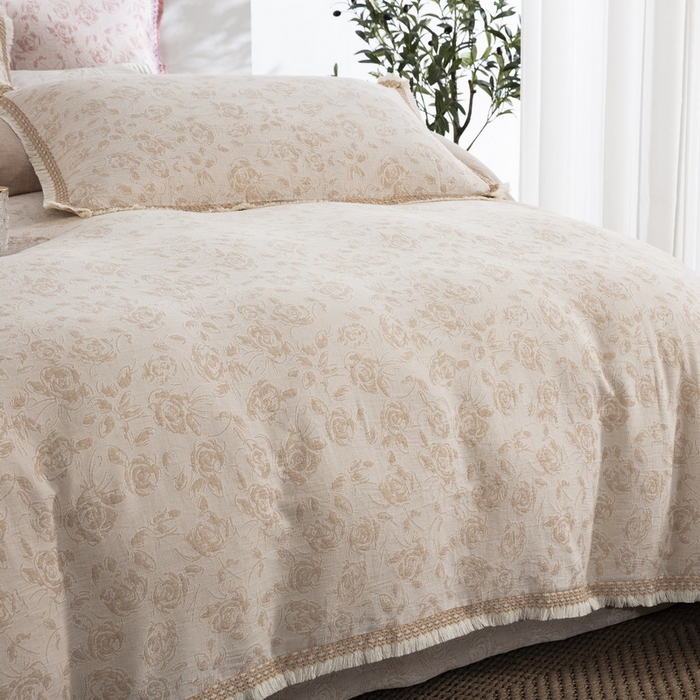 91家纺网 家纺一手货源 找家纺 鲁爱 2025新款全棉三层纱流苏款四件套 唯爱-浅咖