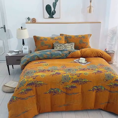 91家纺网 家纺一手货源 找家纺 鲁爱 2025新款大版色织提花全棉双层纱四件套 游园清梦-黄