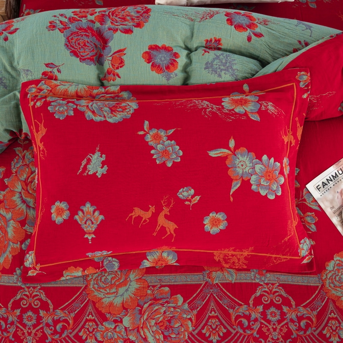 91家纺网 家纺一手货源 找家纺 鲁爱 2025新款大版色织提花全棉双层纱四件套 福禄-红